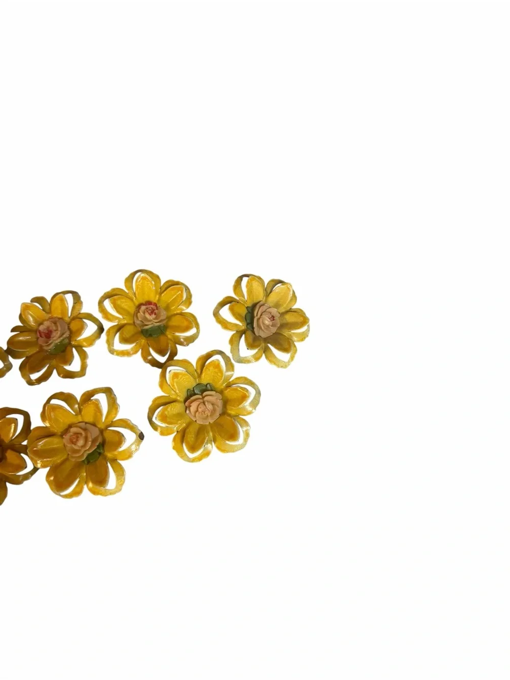 Lot of 7 1950s/60s Multi-Layered, Die-Cut Metal Petals w/Center Plastic Rosebud